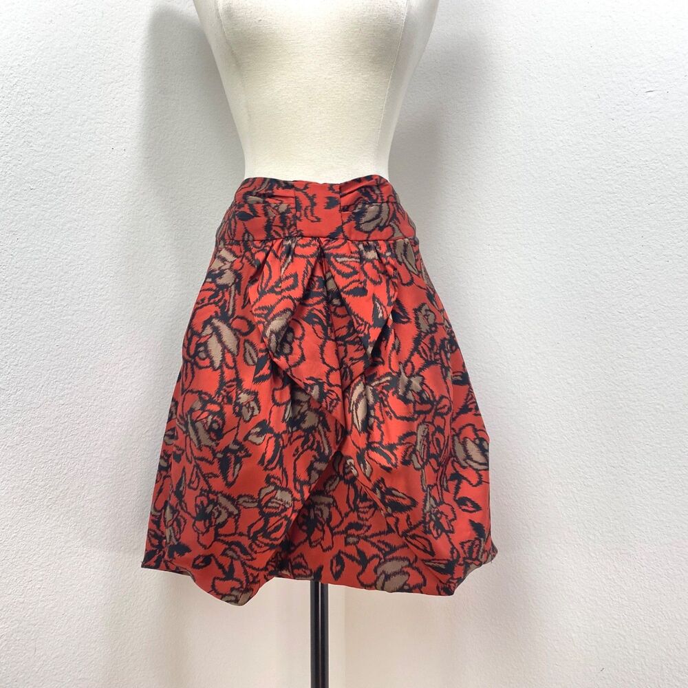Eva Franco Bubble Satin Mini Tulip Skirt Brunt Red Orange Floral Lined Size 12